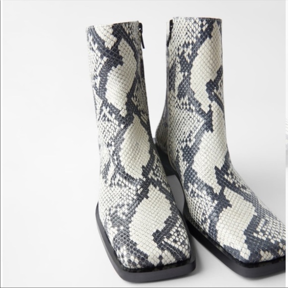 Zara Shoes - Zara Snake Skin Leather Square Toe Ankle Boots